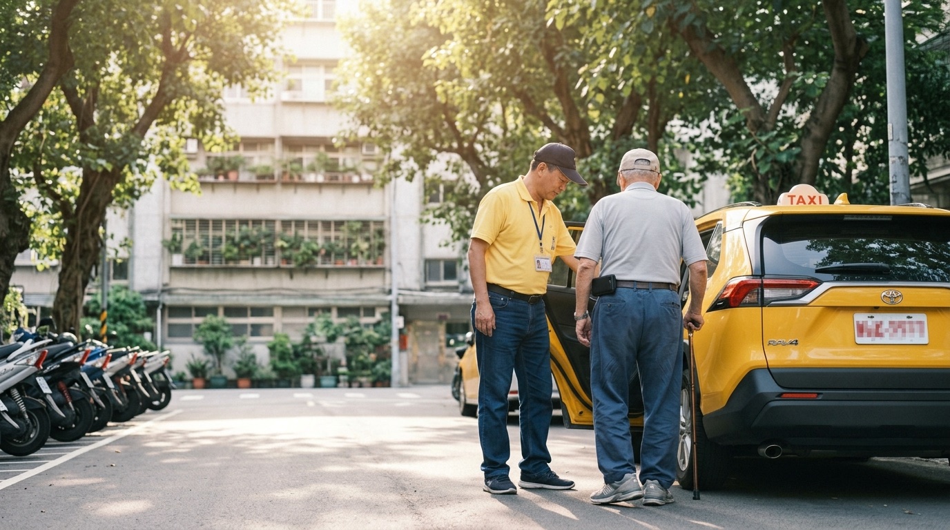 台灣街邊,工作人員協助拄拐杖的長者上計程車